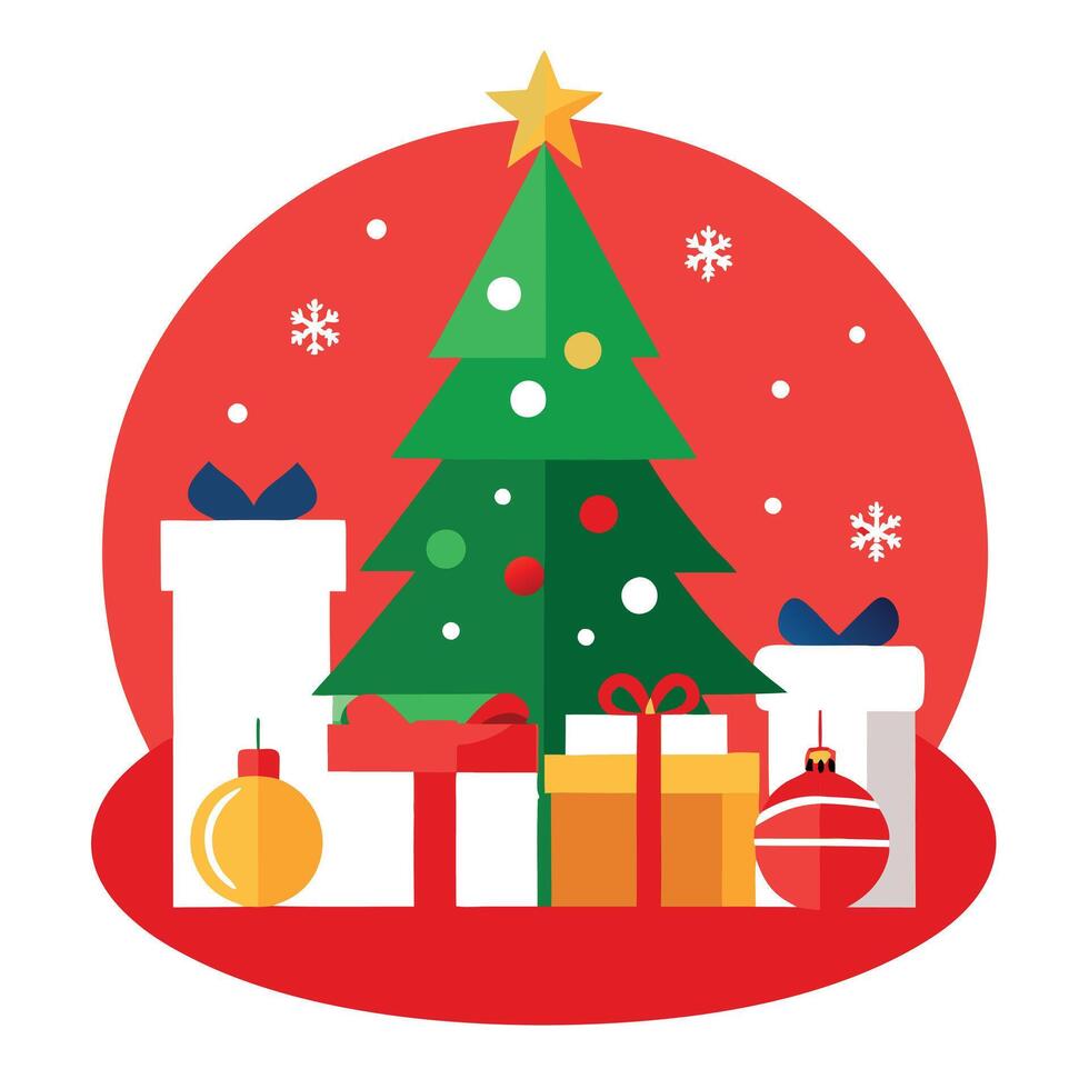 Mockup poster christmas tree and decorations with red background vector