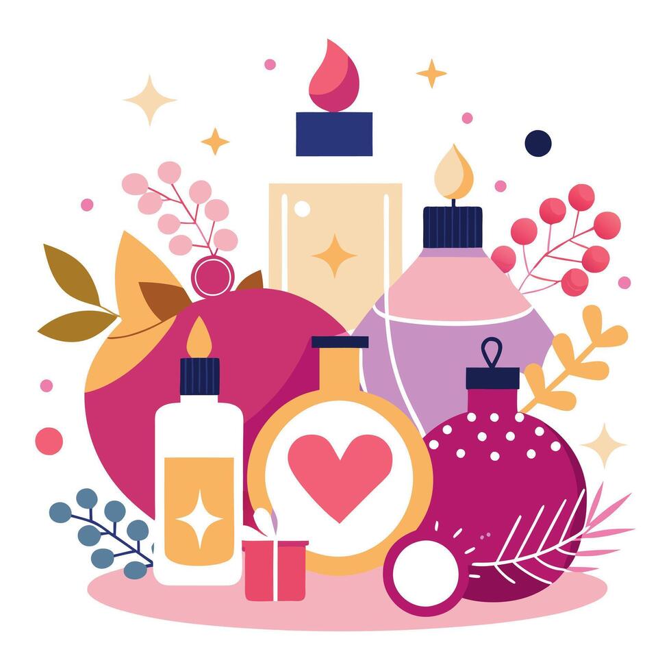 Stylish tender perfume composition with perfume bottles for Christmas. birthday celebration vector
