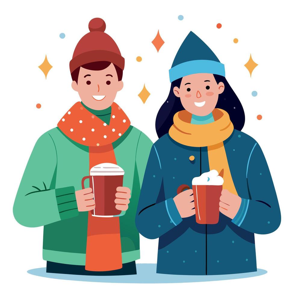 People at the Christmas market with mulled wine in their hands. vector