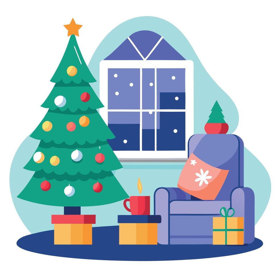 Christmas morning in the living room illustrated christmas tree scene vector