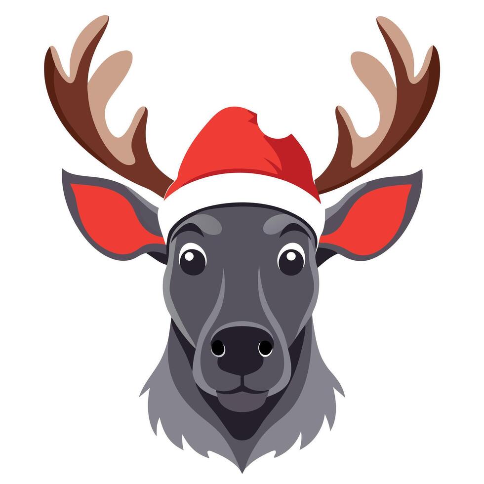Festive Antlers. Christmas Moose Portrait in Red Santa Hat. Watercolor Print and Poster. vector