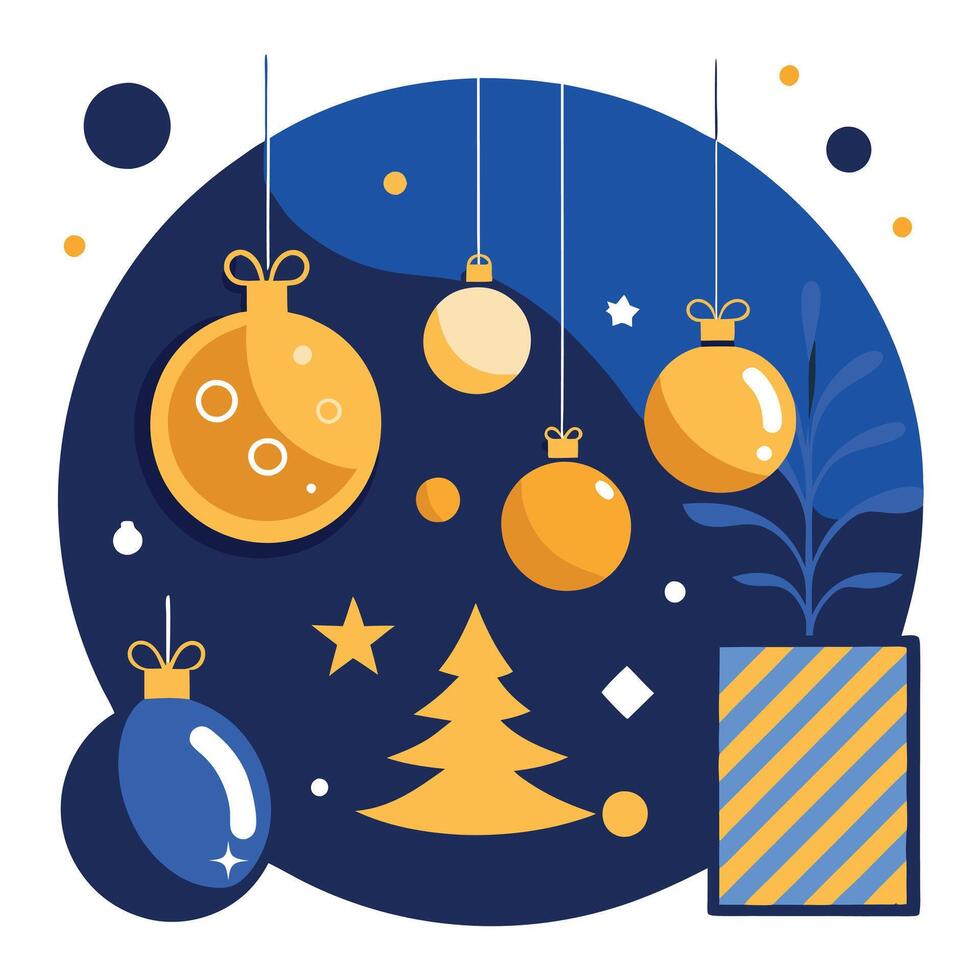 New Year's layout of balls and decorations in dark blue and gold tones. on a blue background vector