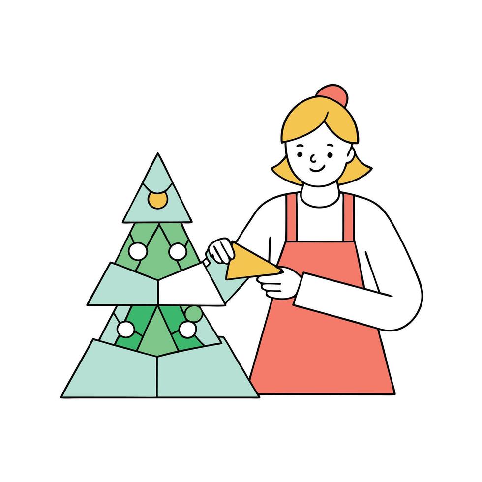 A woman decorating a christmas tree with paper vector