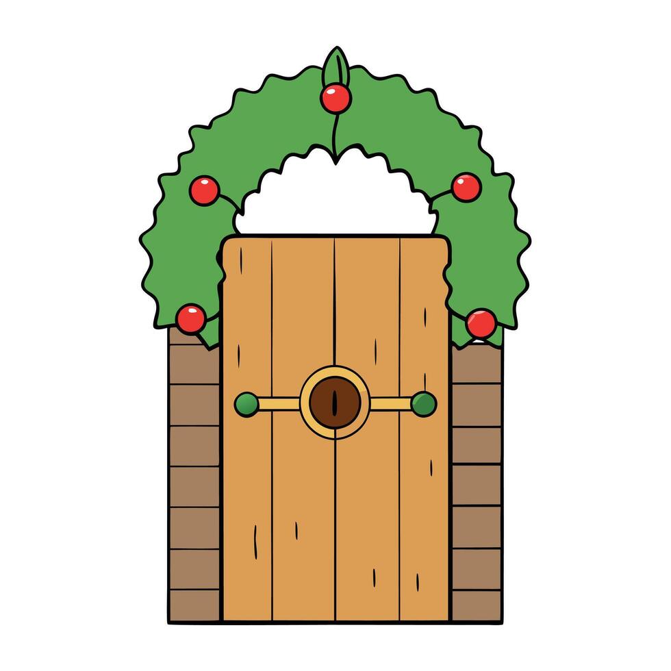 Homemade Christmas wreath hanging on a rustic wooden door. emphasizing holiday welcome. vector