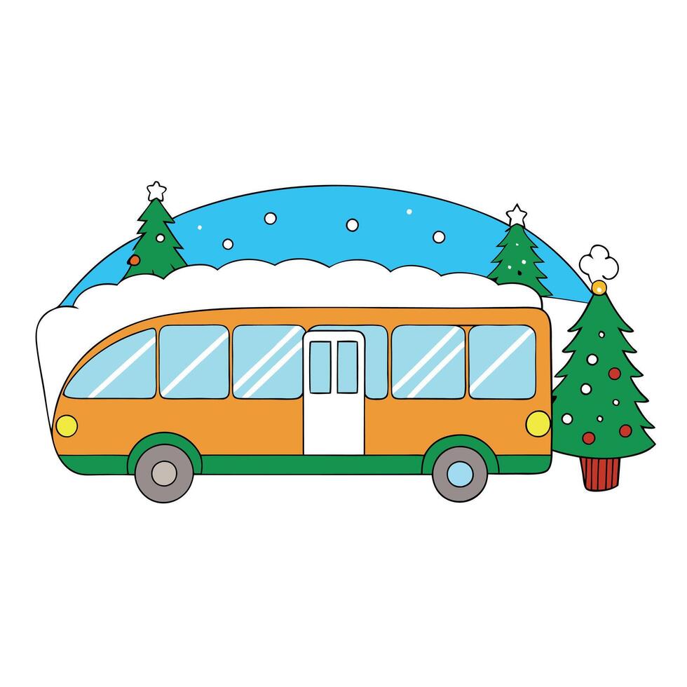 Decorated city bus in the snow with a christmas tree in the background vector