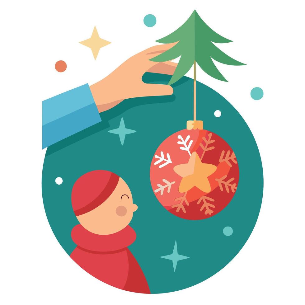 A childs hand reaching up to touch a ball on christmas tree vector