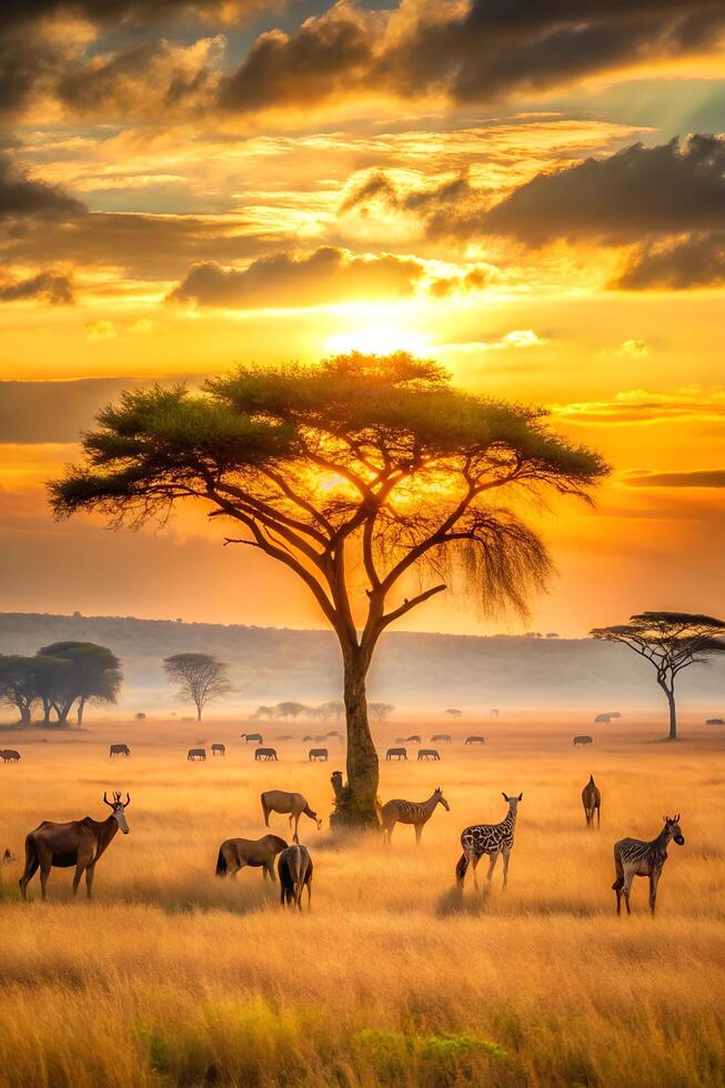 Beautiful design of a savannah at sunset with golden grasses. photo