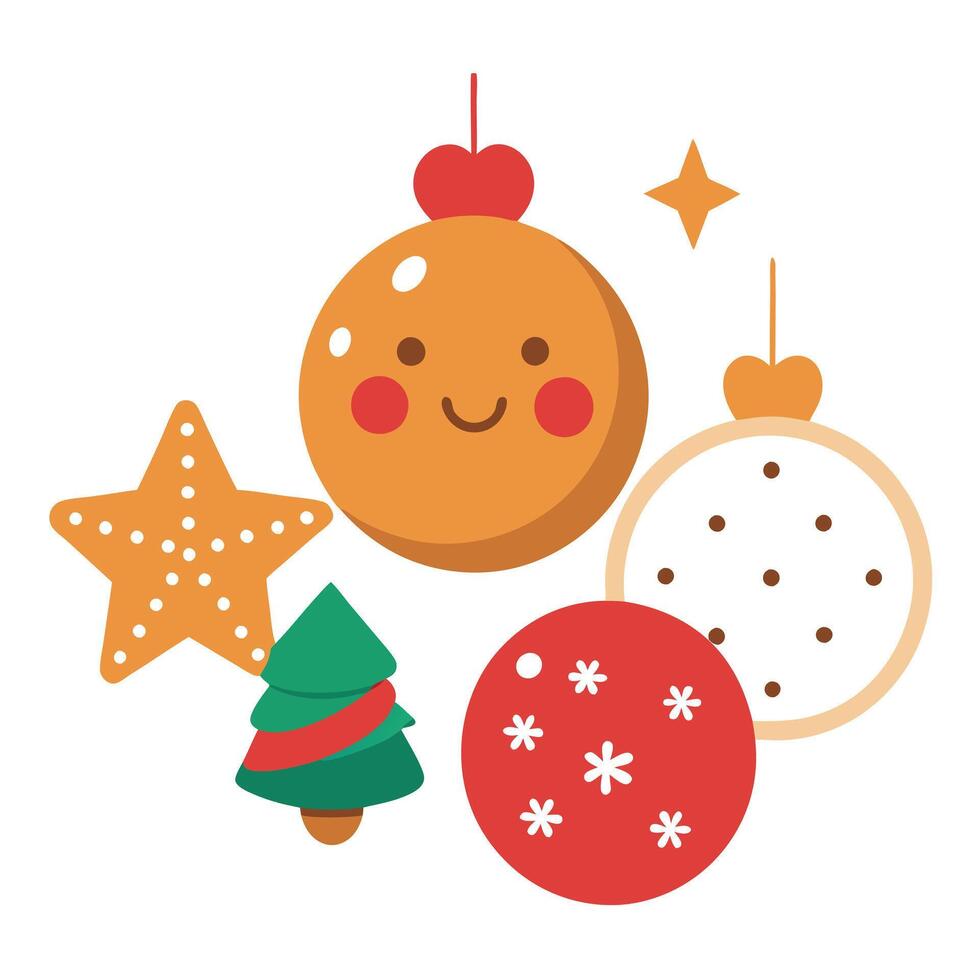 Image of cute cookies and other Christmas ornaments lined up. vector