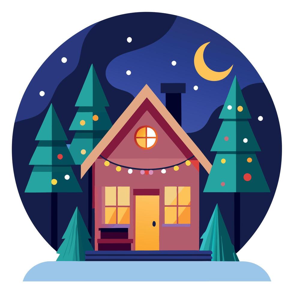 A house with christmas lights on the front porch and trees in the back yard. all lit up at night. vector