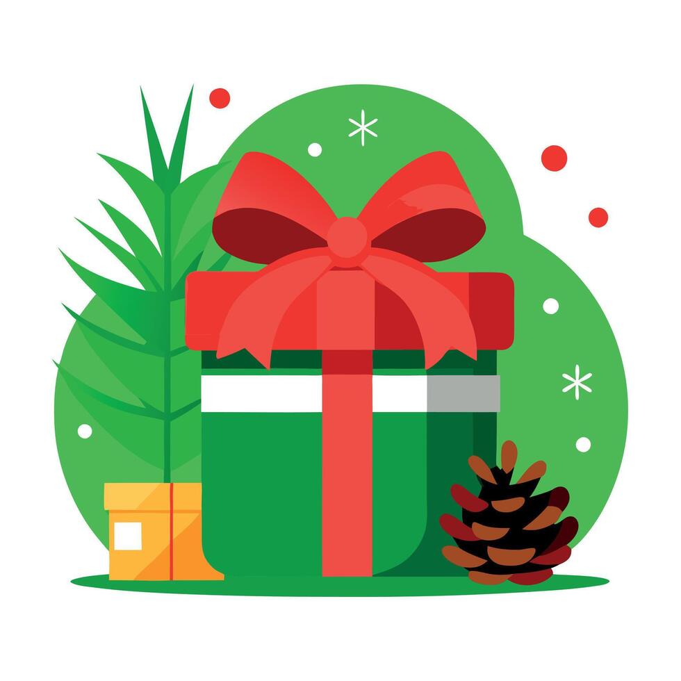 A green christmas background with a red gift box with a red ribbon and a pine cone with a red bow. vector