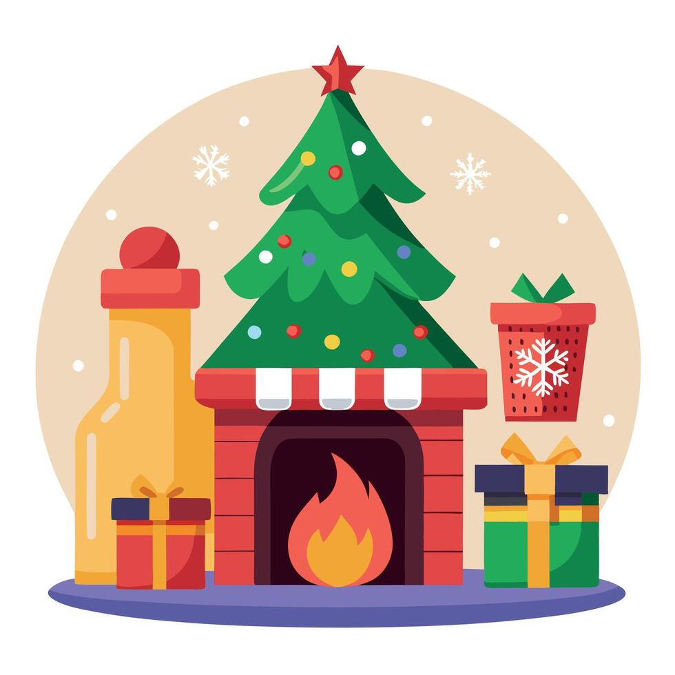 A christmas fireplace with stockings and presents around it and a christmas tree. vector