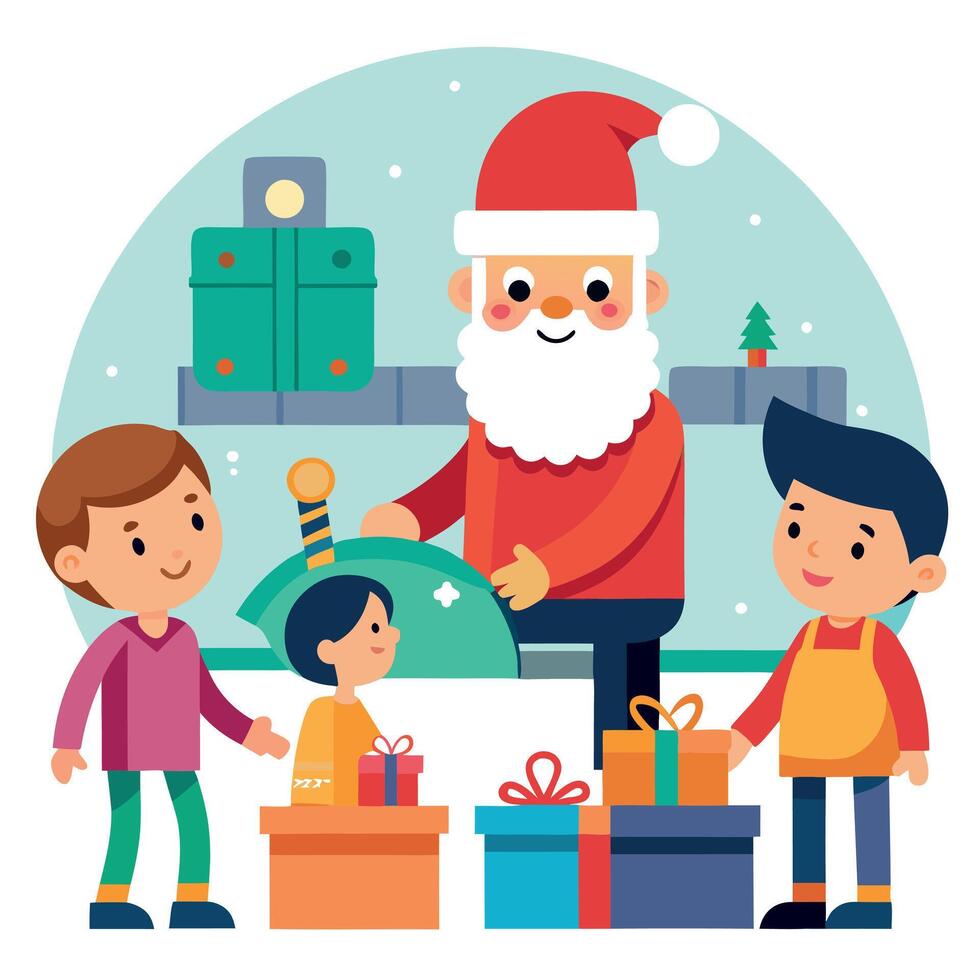 Children assisting Santa Claus in the toy factory room. vector