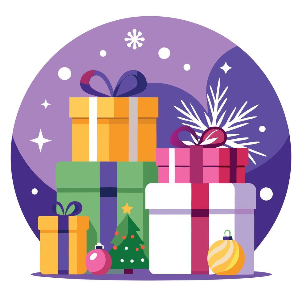Gift boxes and christmas decorations on purple background. vector
