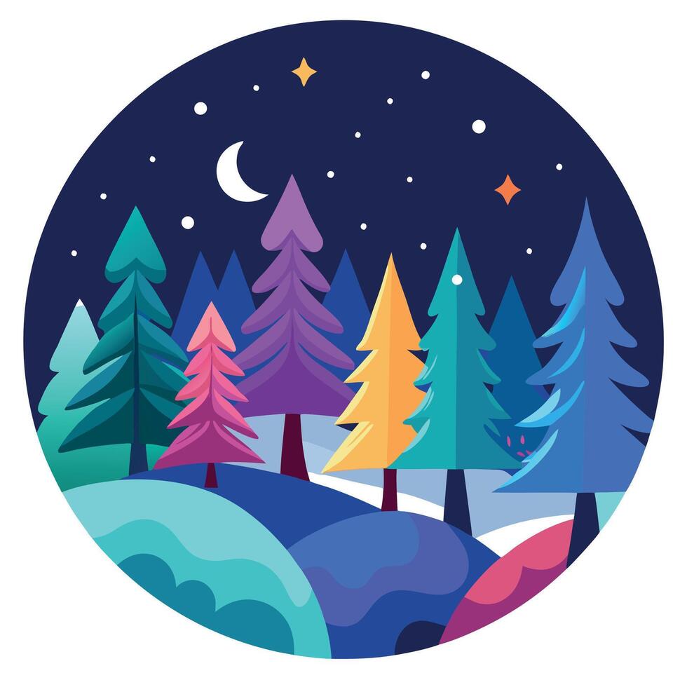 Christmas illustration. winter night forest with colorful trees and nature. vector