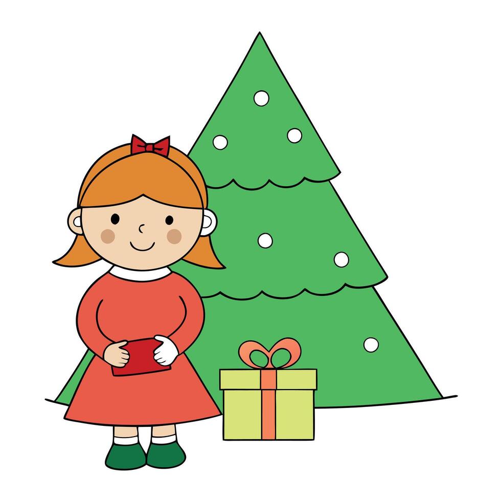 A little girl sitting in front of a christmas tree holding a present vector