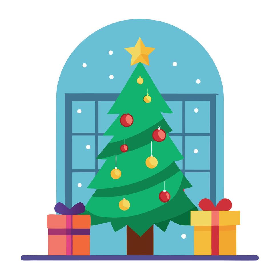 Christmas tree. gifts and decorations. Window with christmas lights in the background. vector