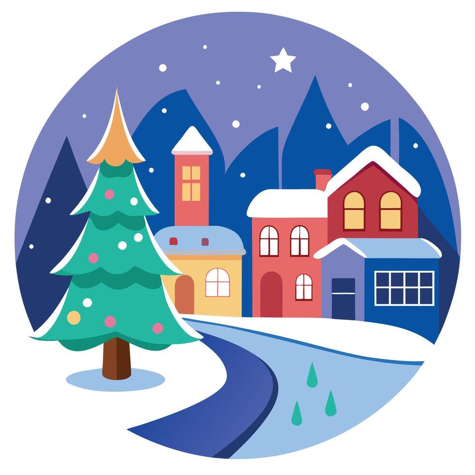 Illustration of a winter street with houses and christmas tree. vector