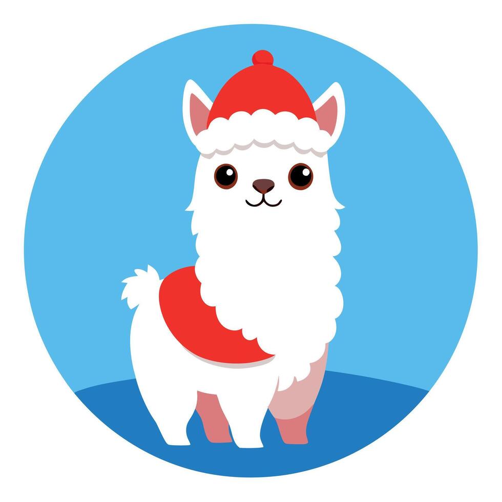 Cute Alpaca in Santa Claus hat on blue winter background with copy space. vector