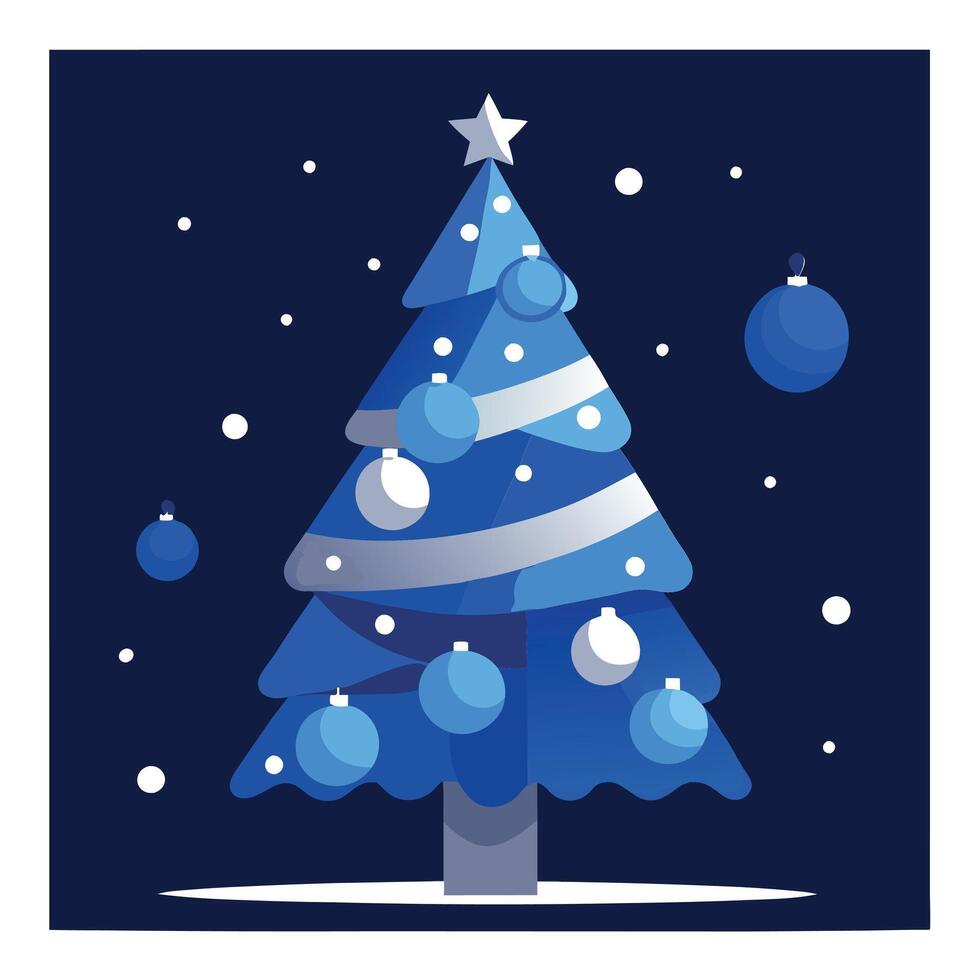 Christmas tree with blue and silver toys on the dark background with bokeh lights. holiday card. vector