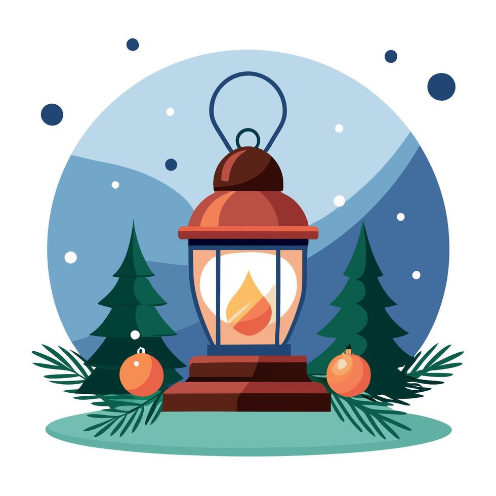 Christmas Lantern On Snowy Table With Fir Branches And Ornaments vector