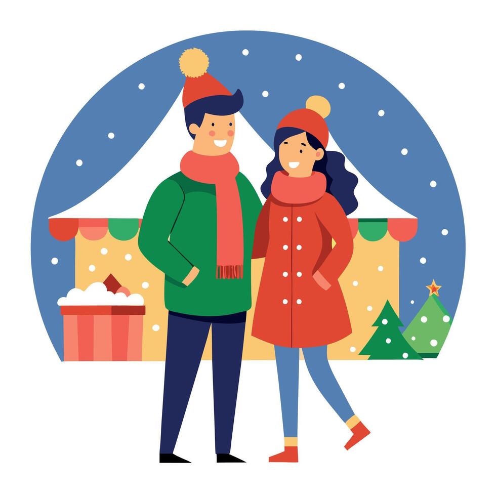 Having fun together at Christmas fair with snowfall. Couple enjoying the Christmas market together. vector