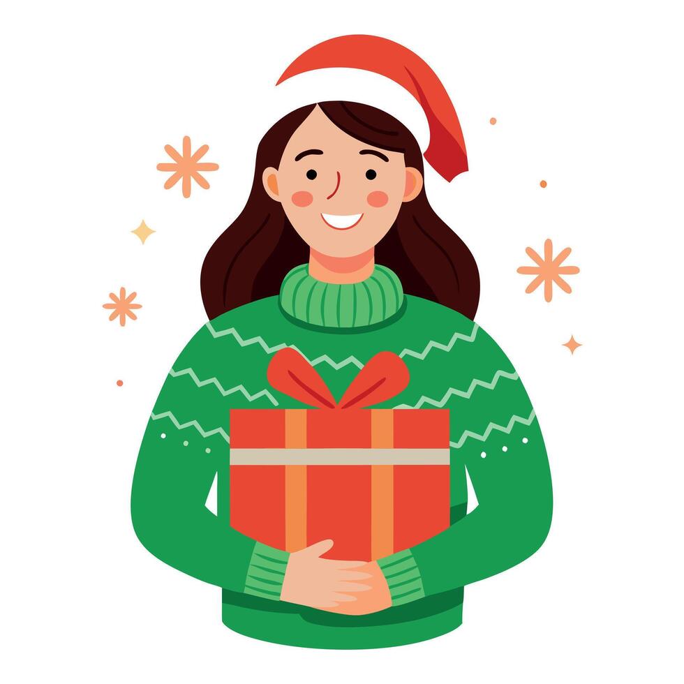 Smiling woman wearing a sweater holding a Christmas xmas present with a red ribbon vector