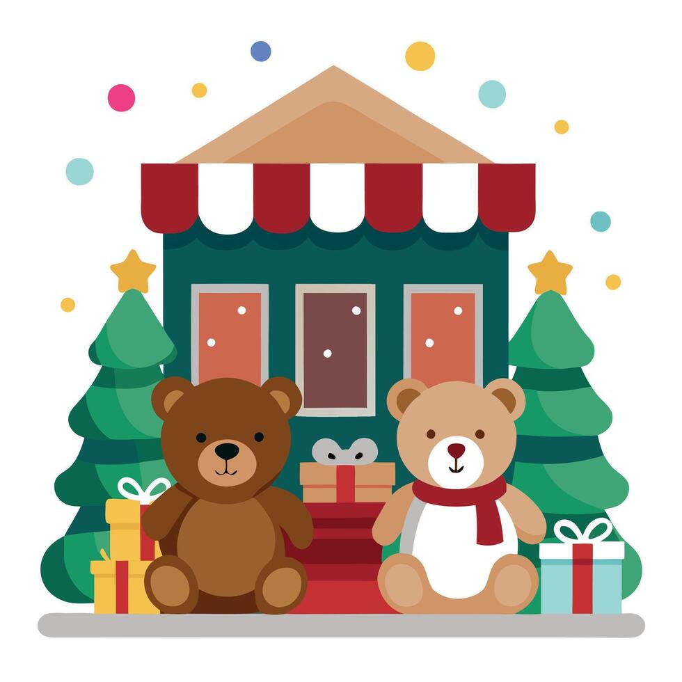 Teddy bears sitting in front of the shop with Christmas decoration. vector