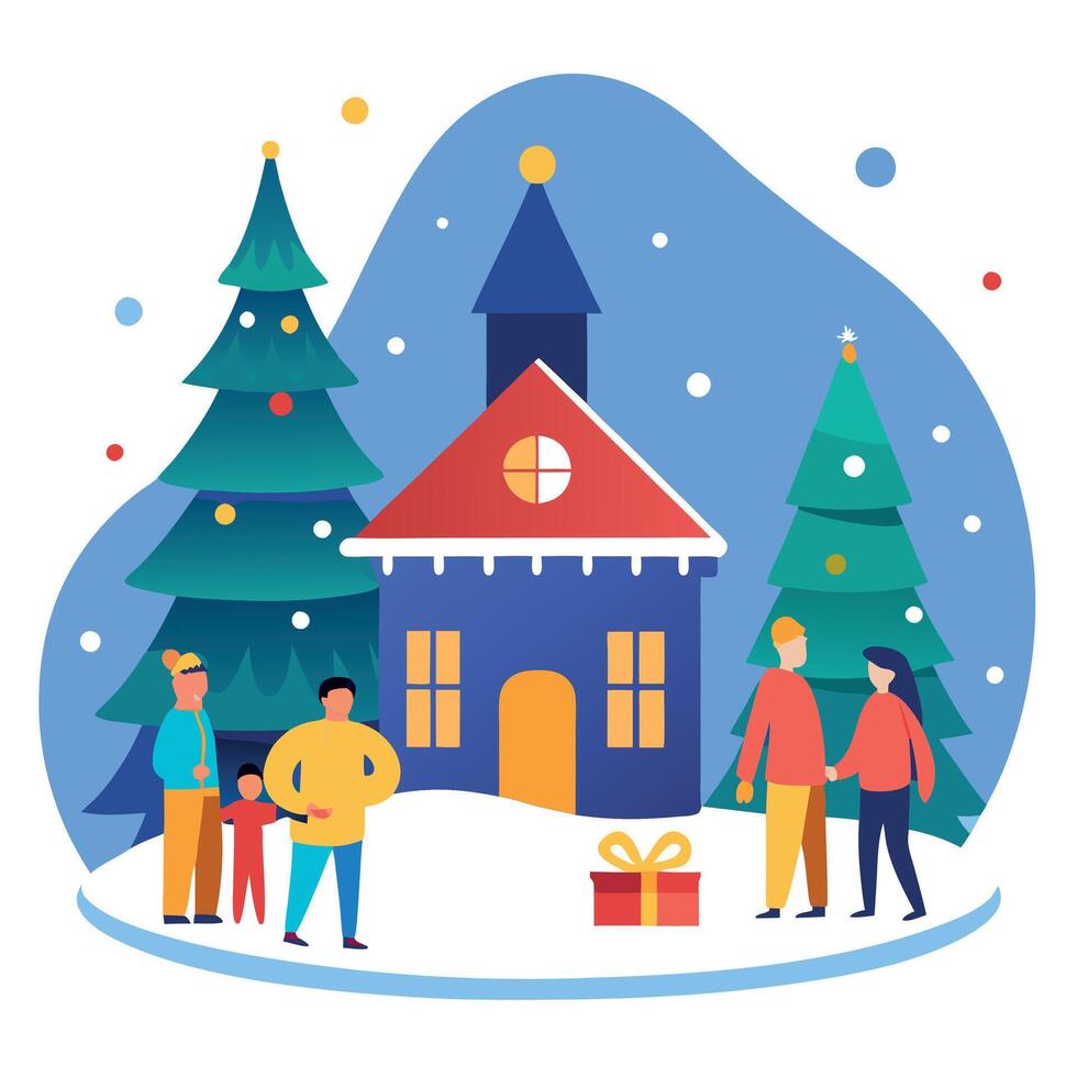 A painting of a christmas scene with a lit up house and a tree in the snow with people around it. vector