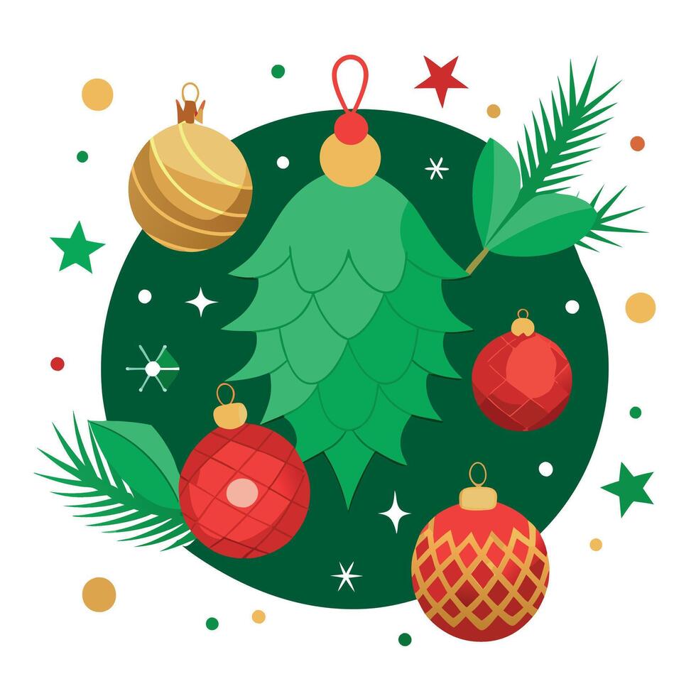 A green christmas background with gold and red ornaments and pine cones. vector