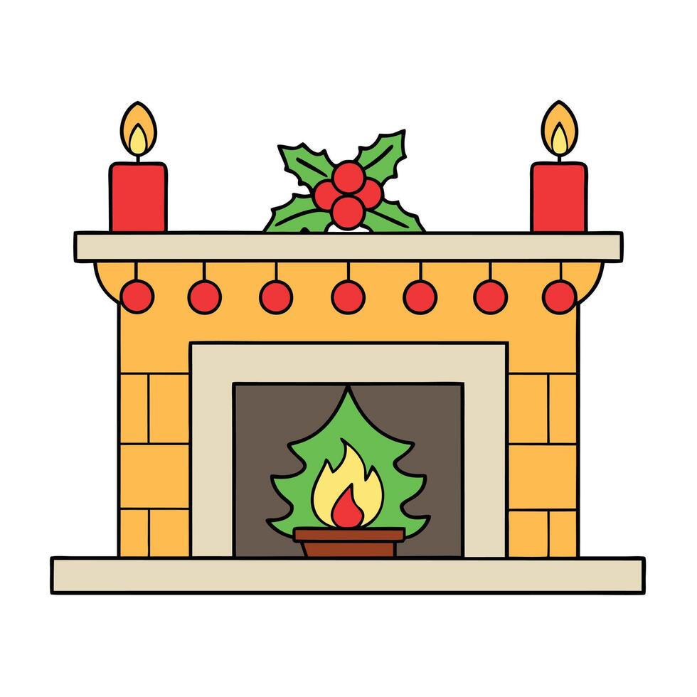 A mantel with candles and christmas decorations on top of it. vector