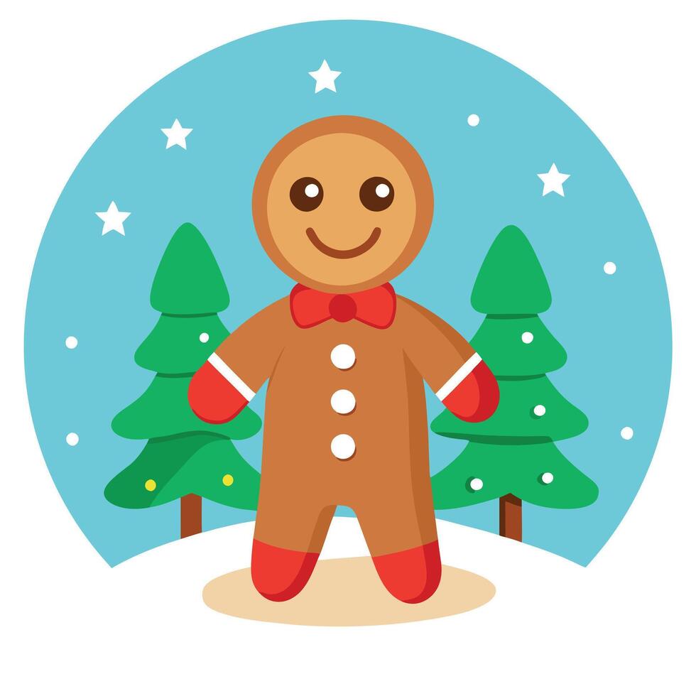 Gingerbread person standing smiling surrounded by a christmas backdrop vector