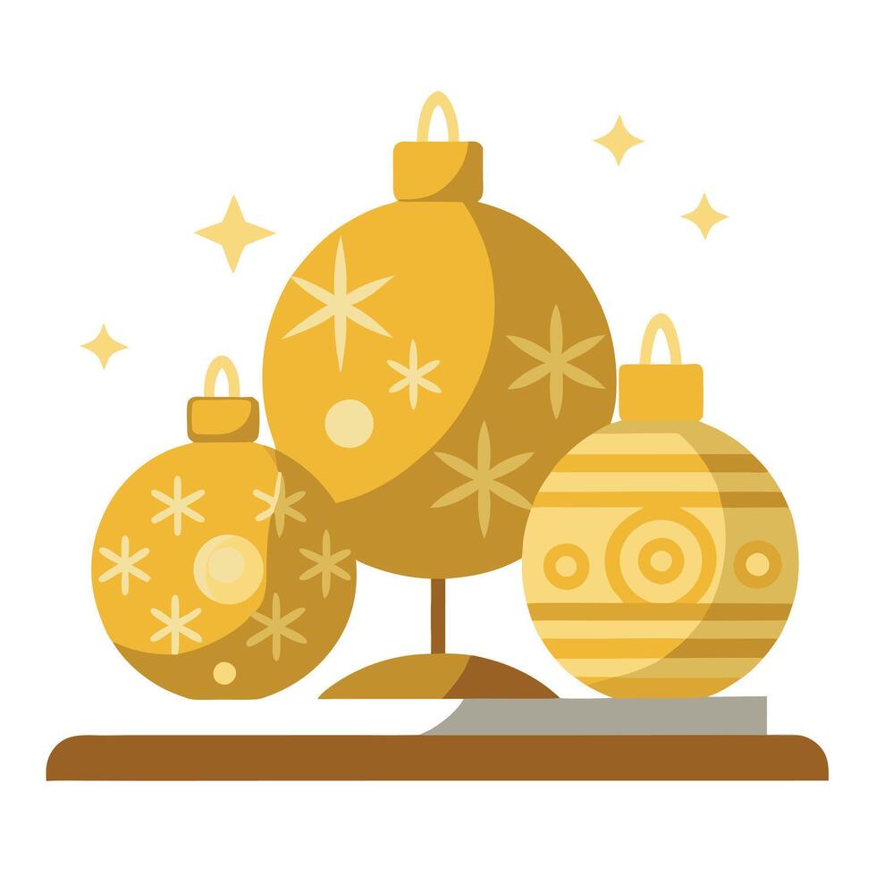 Illustration of gold Christmas ornaments arranged on a table. vector