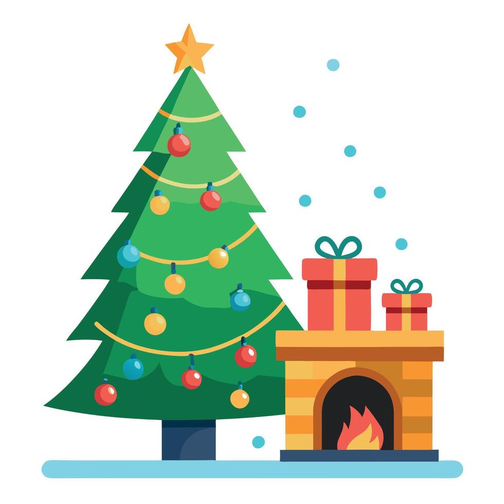 Christmas Tree with decorations near a fireplace with lights. vector