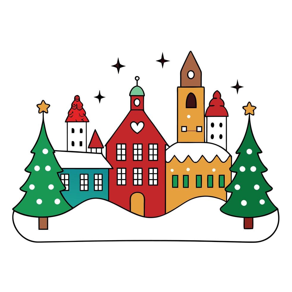 Scandinavian Christmas card. Festive European town made of clay and decorated for the holidays vector