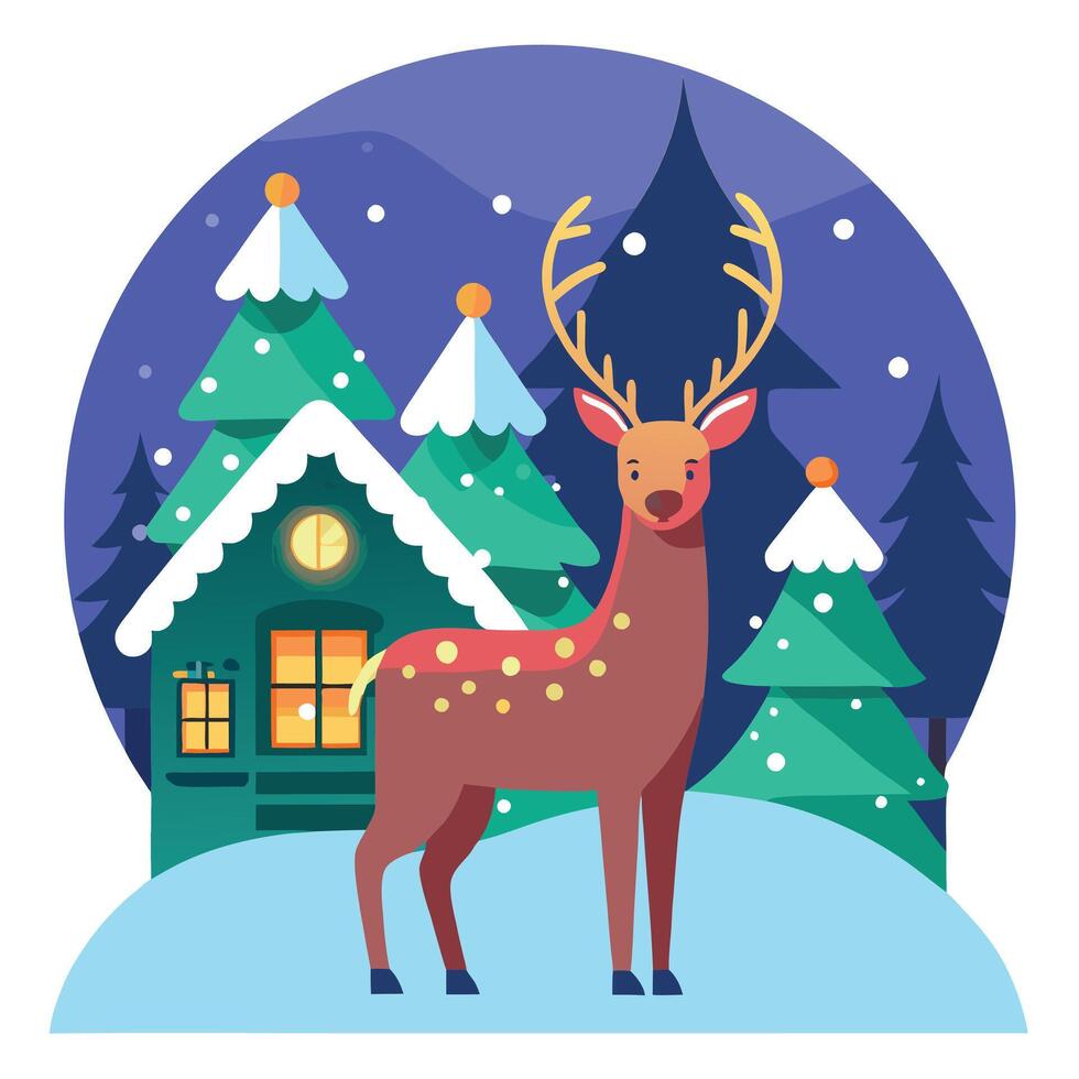 Deer standing in front of a house all lit up with christmas lights on snow night vector