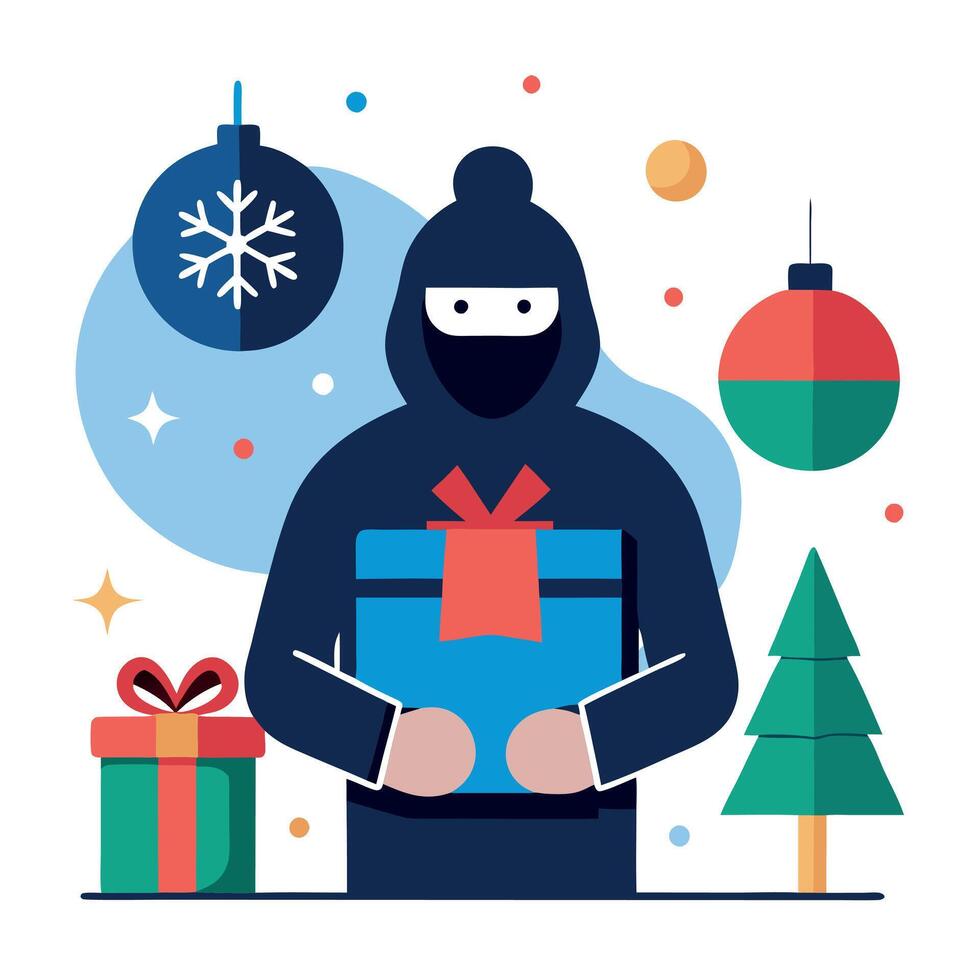 Anonymous person holding a wrapped present in front of christmas decorations created with technology vector