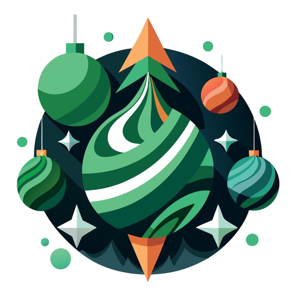 3D abstract Christmas dark background with green Christmas ornaments vector