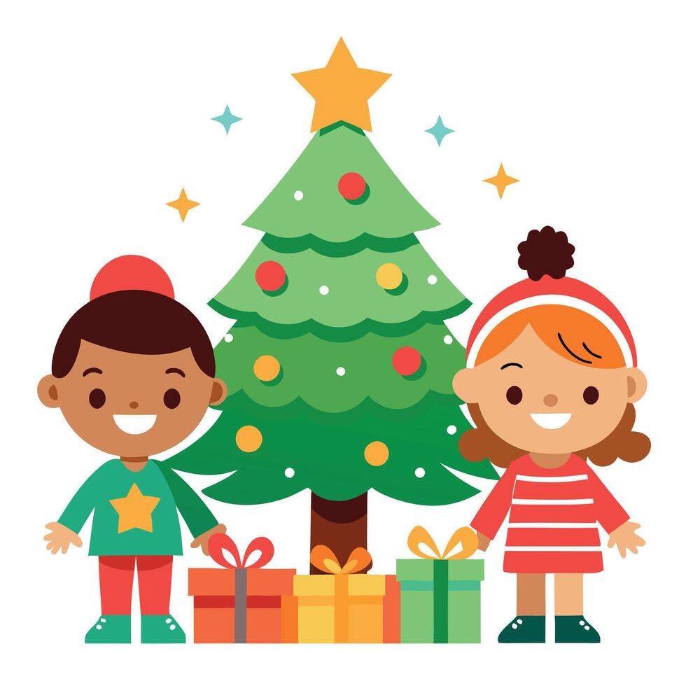 Happy children and christmas tree . gift and happy . vector