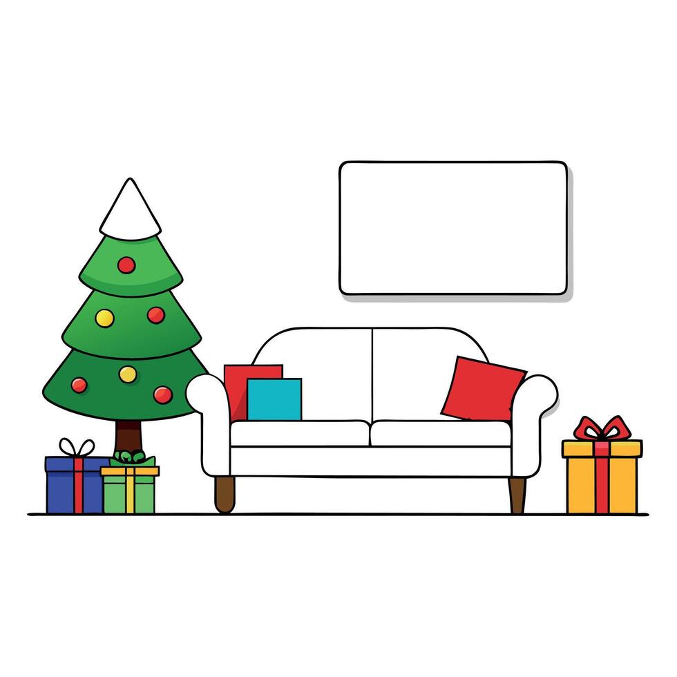 Living room with Christmas tree. gifts. white sofa. and blank dark wall with copy space vector