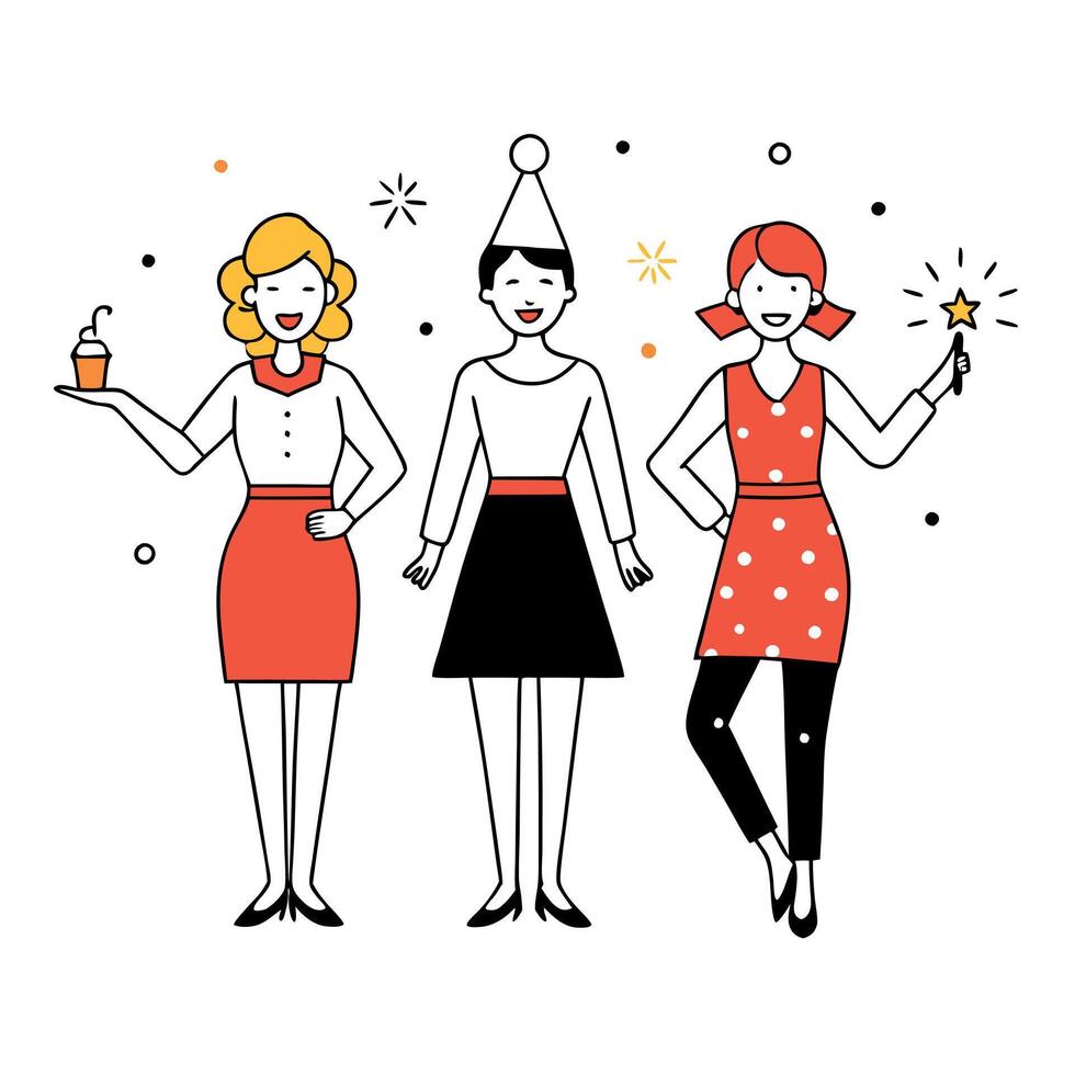 Three women celebrating christmas with sparkling confetti. looking sophisticated and trendy. vector