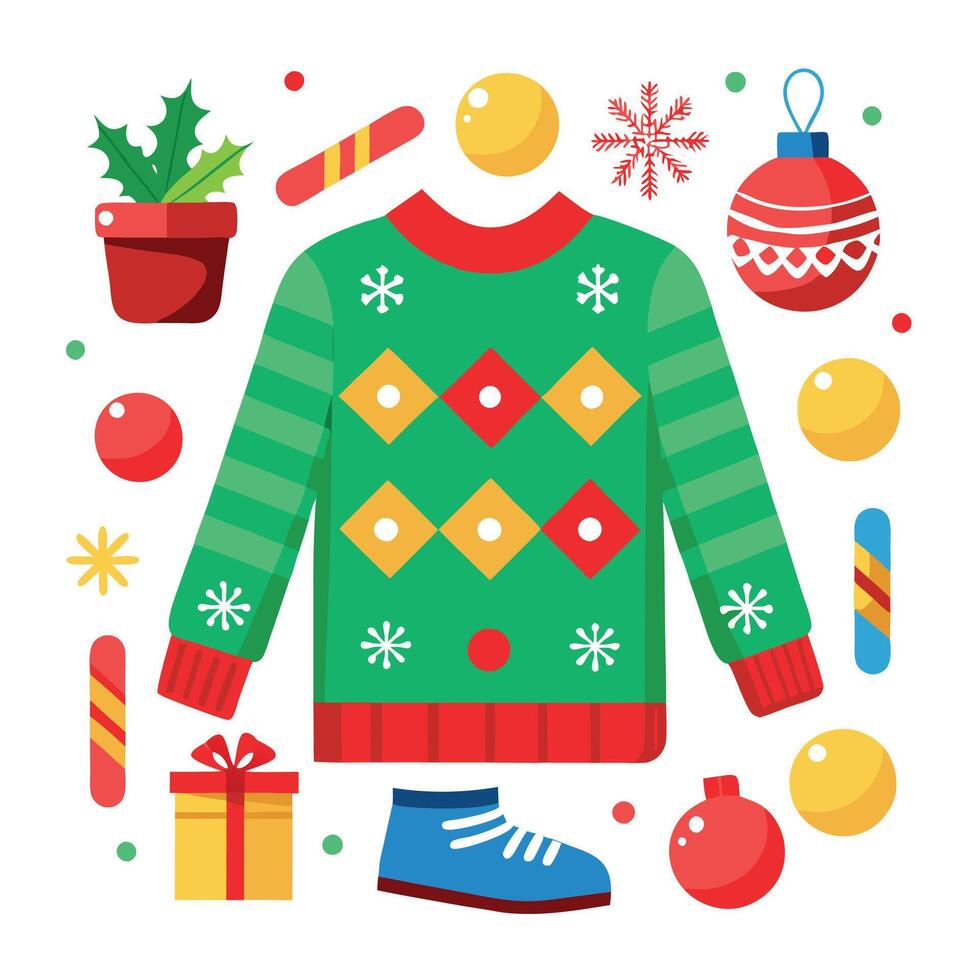 Flat lay of colorful National Ugly Christmas Sweater Day decorations on a wooden table vector