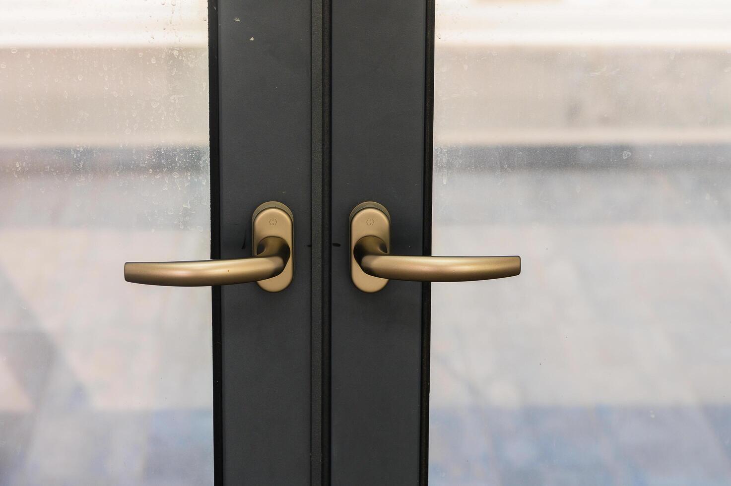 Modern Bronze Handles Adorn Sleek Glass Doors in an Urban Setting Inviting Exploration and Warmth photo