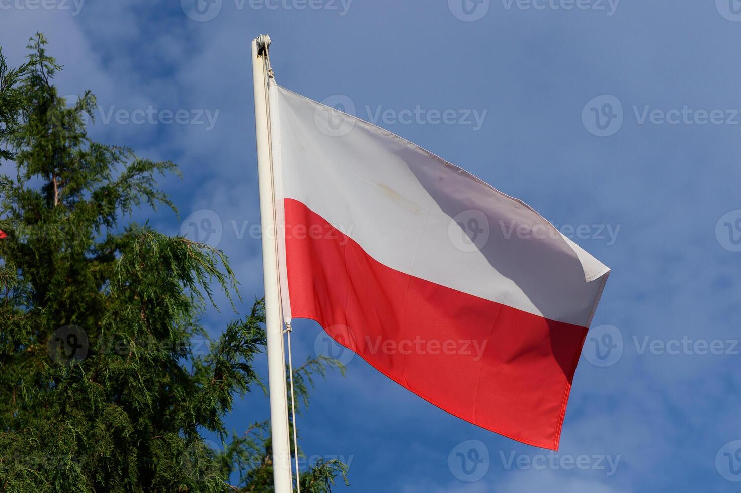 Polish flag waving proudly against a bright blue sky adorned with scattered clouds photo