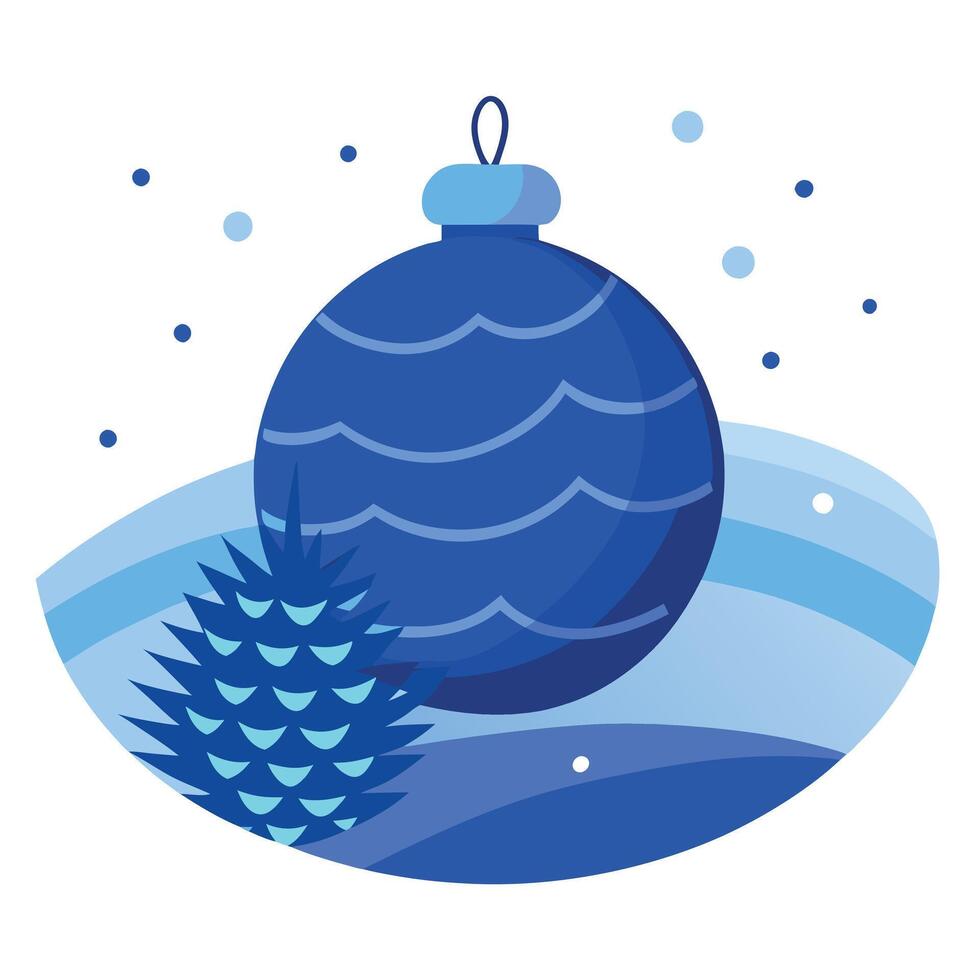 Blue christmas ornament and a pine cone on a snowy surface. vector