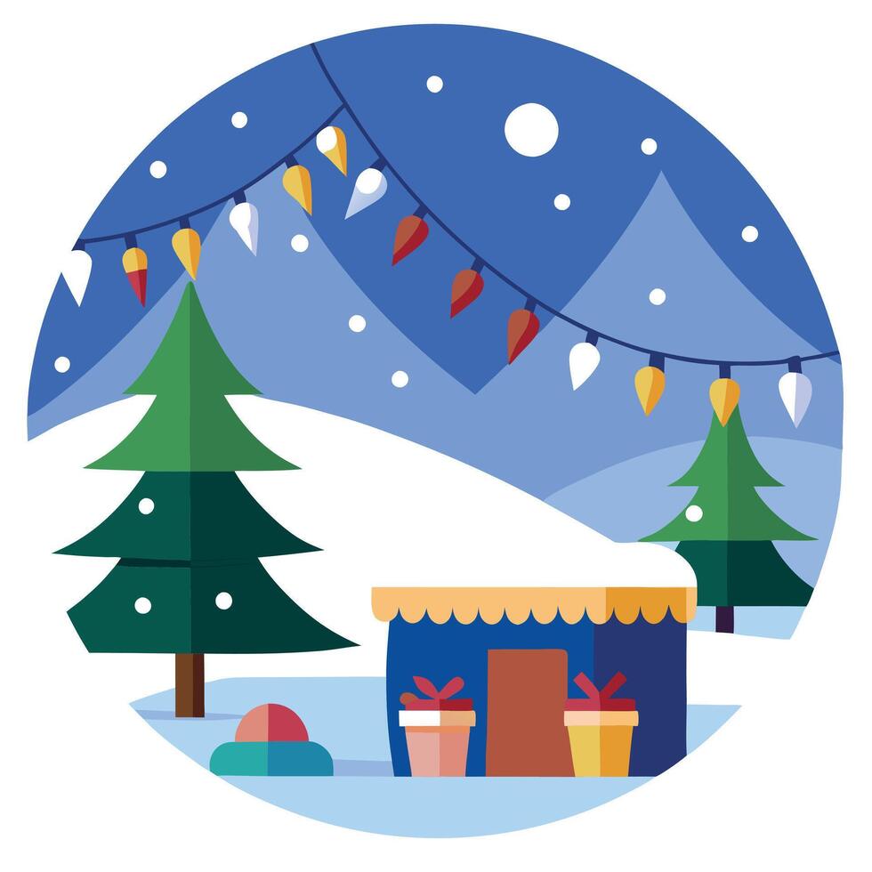 Magical christmas atmosphere with garlands of christmas lights outdoors in a snowy day vector