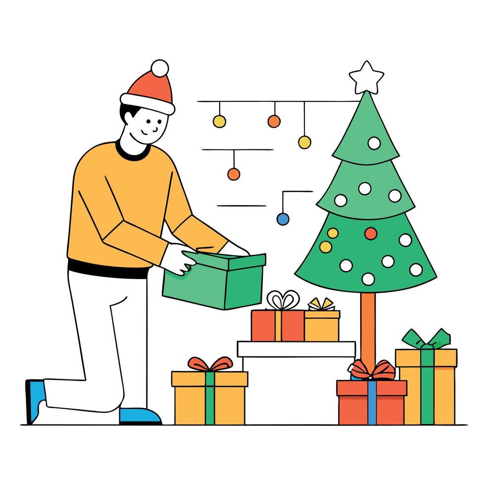 Man packing bunch of christmas gifts in decorated living room. Xmas spirit idea vector