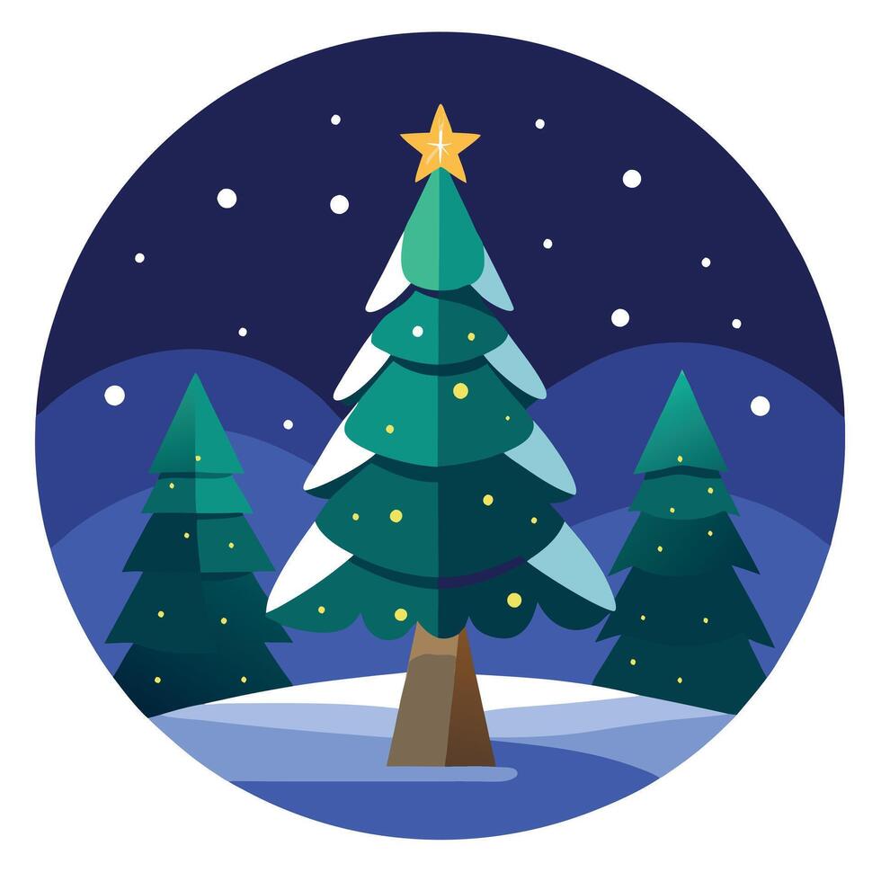 Beautiful christmas tree at night in the winter forest with stars and copy space vector