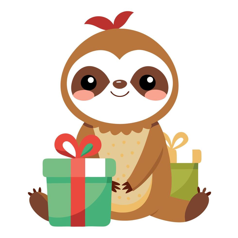 Cute baby sloth with christmas gift boxes on white background vector