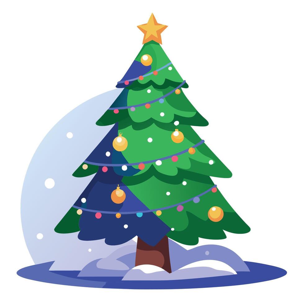 Festive illuminated Christmas tree in the snow. digital illustration vector