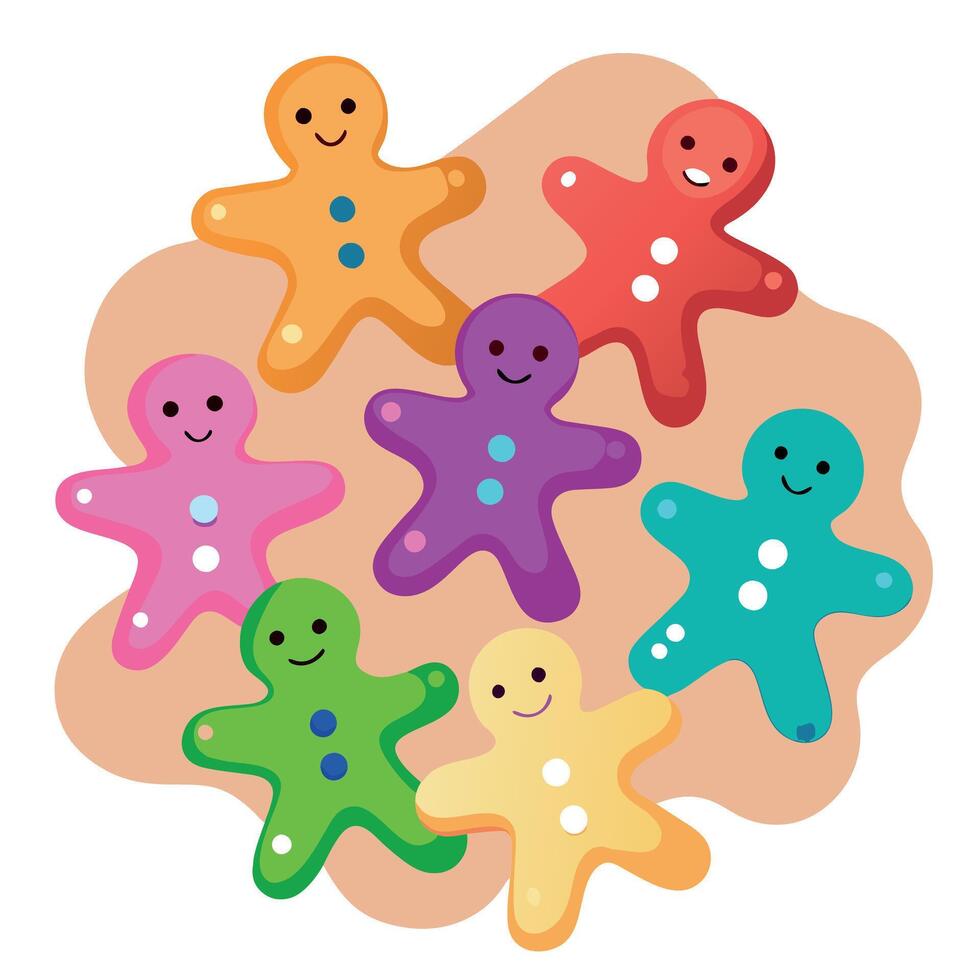 Closeup of many christmas gingerbread men colorful glazed cookies on light pink background. top view vector